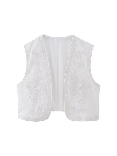 Moteriška trumpa gėlėmis siuvinėta liemenė, be rankovių, laisvas moteriškas rudas paltas, 2023 m. vasaros mados gatvės drabužių moteriškos liemenės