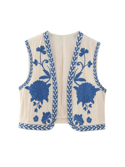 Moteriška trumpa gėlėmis siuvinėta liemenė, be rankovių, laisvas moteriškas rudas paltas, 2023 m. vasaros mados gatvės drabužių moteriškos liemenės