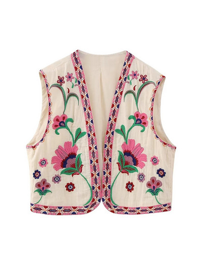 Moteriška trumpa gėlėmis siuvinėta liemenė, be rankovių, laisvas moteriškas rudas paltas, 2023 m. vasaros mados gatvės drabužių moteriškos liemenės