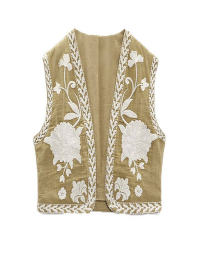 Moteriška trumpa gėlėmis siuvinėta liemenė, be rankovių, laisvas moteriškas rudas paltas, 2023 m. vasaros mados gatvės drabužių moteriškos liemenės