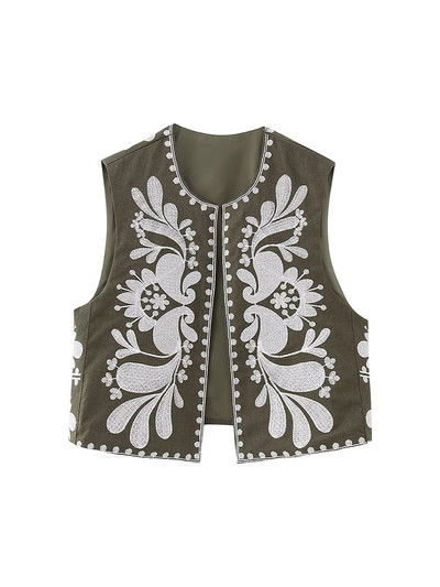 Moteriška trumpa gėlėmis siuvinėta liemenė, be rankovių, laisvas moteriškas rudas paltas, 2023 m. vasaros mados gatvės drabužių moteriškos liemenės