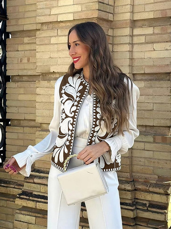 Moteriška trumpa gėlėmis siuvinėta liemenė, be rankovių, laisvas moteriškas rudas paltas, 2023 m. vasaros mados gatvės drabužių moteriškos liemenės