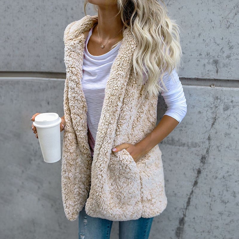 Nadýchaná flísová vesta bez rukávov s kapucňou, ležérna jednodielna vesta s vreckami, dámske topy, jeseň/zima 2023, teplá bunda, dámske oblečenie