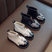 Djevojačke čizme s patentnim zatvaračem sprijeda i tople pamučne čizme od baršuna Elegantne čizme s leptir-kravatom od kamenčića Princess kratke čizme Karirane cipele G09153