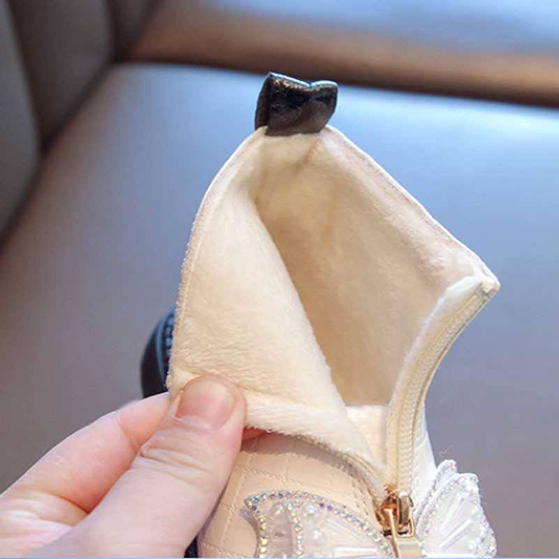 Djevojačke čizme s patentnim zatvaračem sprijeda i tople pamučne čizme od baršuna Elegantne čizme s leptir-kravatom od kamenčića Princess kratke čizme Karirane cipele G09153