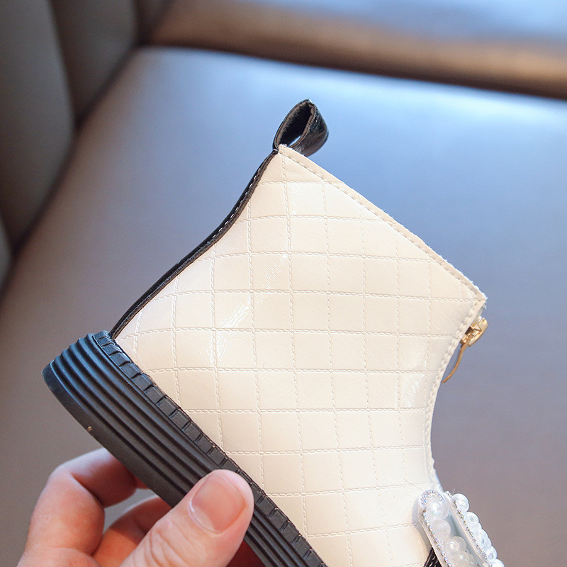 Djevojačke čizme s patentnim zatvaračem sprijeda i tople pamučne čizme od baršuna Elegantne čizme s leptir-kravatom od kamenčića Princess kratke čizme Karirane cipele G09153