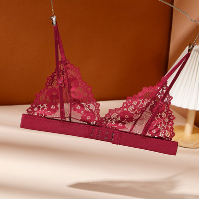 Dámska čipkovaná tenká podprsenka bez oceľového krúžku, sexy bezdrôtová trojuholníková spodná bielizeň, priedušná, zabalená do prsníkov, zhromaždené, hlboké V podprsenky