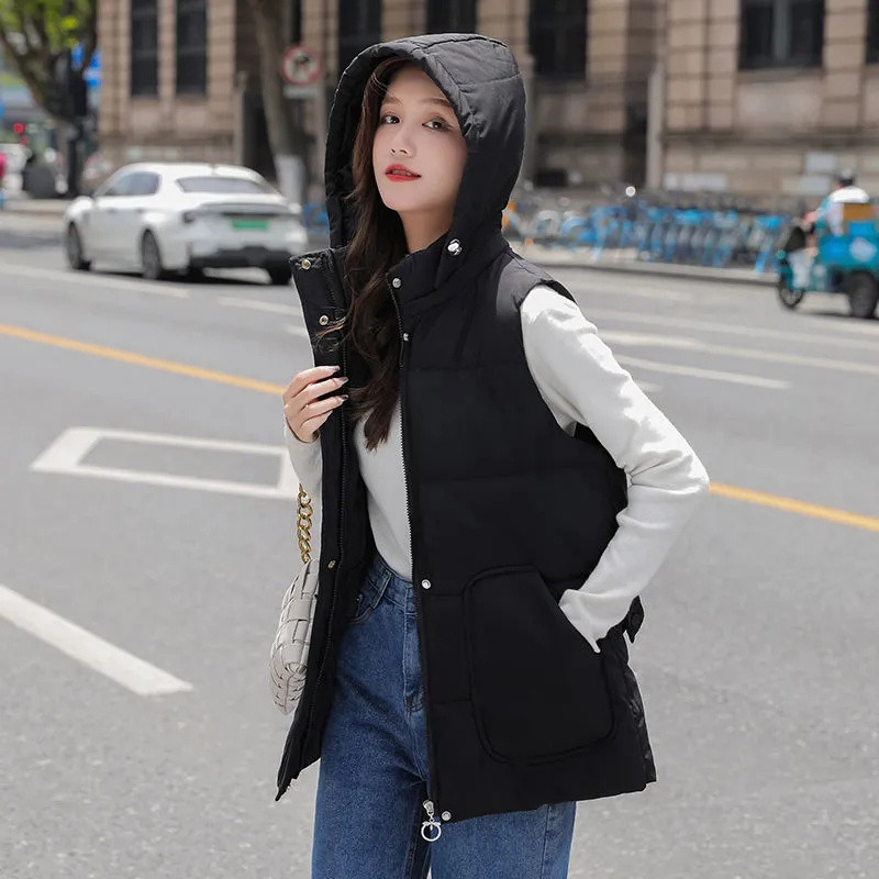 2023. aasta uus naiste sulevest puuvillane vest sügisene talvejope, paks avar kapuutsiga lühike mantel Naiste varrukateta jope vest