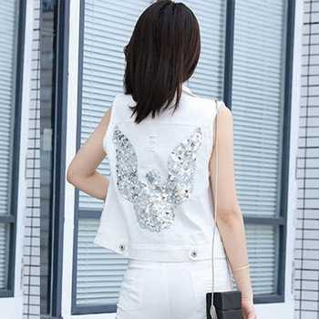 Κορεάτικο τζιν γιλέκο γυναικεία παλτό για άνοιξη καλοκαίρι 2023 Νέο κοντό γυναικείο αμάνικο μπουφάν με παγιέτες Εξωτερικά ρούχα με τζιν γιλέκο
