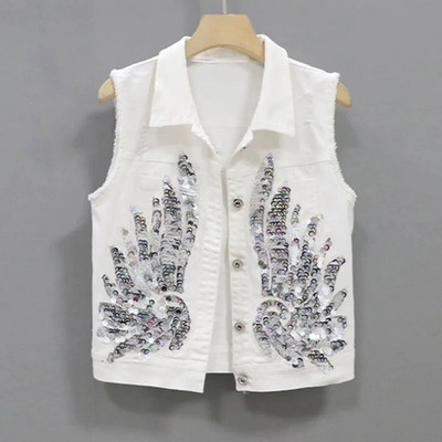 Κορεάτικο τζιν γιλέκο γυναικεία παλτό για άνοιξη καλοκαίρι 2023 Νέο κοντό γυναικείο αμάνικο μπουφάν με παγιέτες Εξωτερικά ρούχα με τζιν γιλέκο