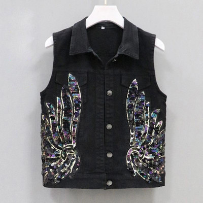 Κορεάτικο τζιν γιλέκο γυναικεία παλτό για άνοιξη καλοκαίρι 2023 Νέο κοντό γυναικείο αμάνικο μπουφάν με παγιέτες Εξωτερικά ρούχα με τζιν γιλέκο