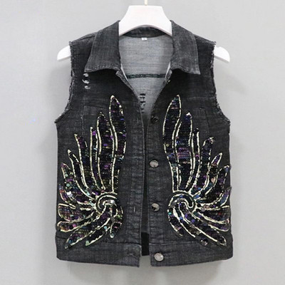 Κορεάτικο τζιν γιλέκο γυναικεία παλτό για άνοιξη καλοκαίρι 2023 Νέο κοντό γυναικείο αμάνικο μπουφάν με παγιέτες Εξωτερικά ρούχα με τζιν γιλέκο