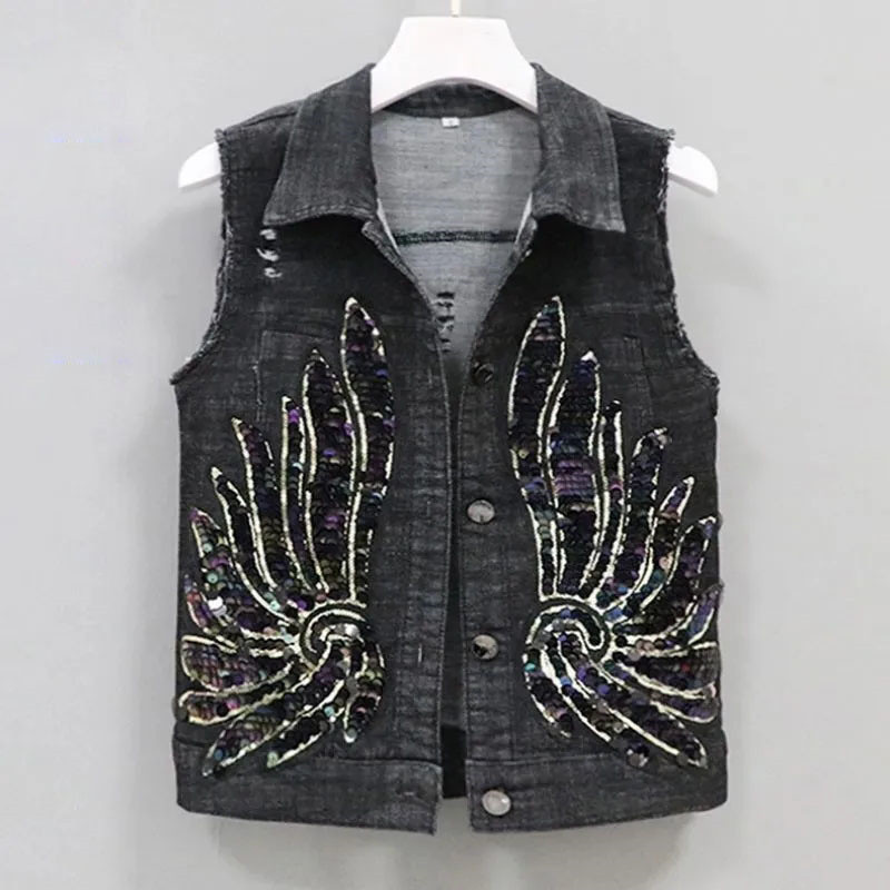 Κορεάτικο τζιν γιλέκο γυναικεία παλτό για άνοιξη καλοκαίρι 2023 Νέο κοντό γυναικείο αμάνικο μπουφάν με παγιέτες Εξωτερικά ρούχα με τζιν γιλέκο