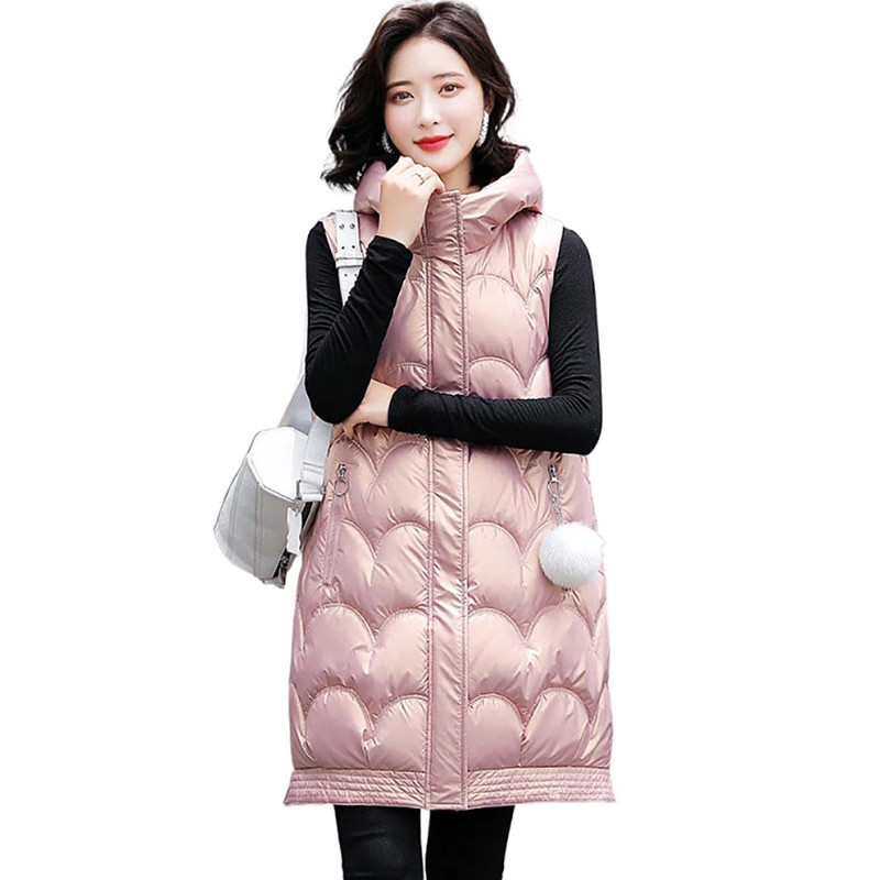 Moteriška žieminė liemenė, ilga, stora moteriška liemenė be rankovių medvilninė liemenė su kišenėmis su gobtuvu