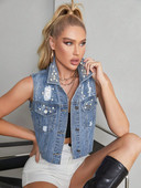 Y2K moteriška madinga džinsinė striukė Prašmatni perlų karoliukais suplėšyta nutrinta liemenė be rankovių apkarpyti viršutiniai drabužiai Mujer