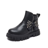 Stil Angliei Pantofi negri asortați pentru copii Botine pentru fete Moda Toamnă în carouri Cizme cu nod fluture pentru copii Fete F07263