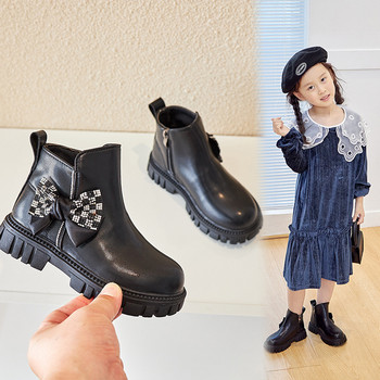England Style All-match Μαύρα παιδικά παπούτσια για κορίτσια Μποτάκια μέχρι τον αστράγαλο Μόδα φθινοπωρινά καρό μποτάκια με κόμπους πεταλούδας για παιδικά κορίτσια F07263
