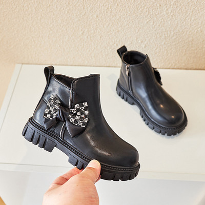 Stil Angliei Pantofi negri asortați pentru copii Botine pentru fete Moda Toamnă în carouri Cizme cu nod fluture pentru copii Fete F07263