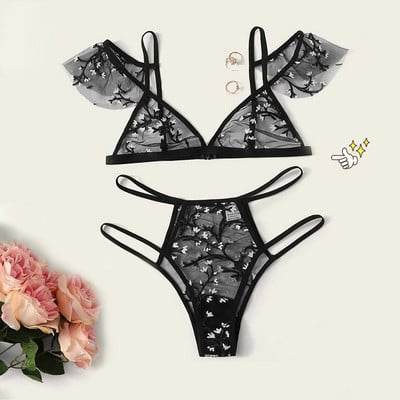 Set de lenjerie sexy Sutien și chiloți din dantelă Sutien brodat Tanga Chiloți Lenjerie de corp pentru femei Seturi de sutien erotic transparent