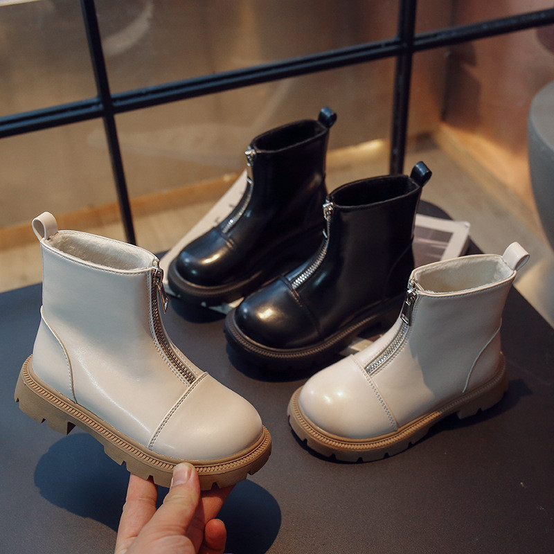 Zimné dievčenské bojové čižmy, detské topánky na platforme, trendy členkové čižmy so zipsom vpredu pre princeznovské topánky, detské plyšové školské topánky G10232