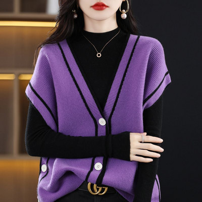 Ανοιξιάτικο φθινόπωρο Γυναικείο vintage casual πουλόβερ γιλέκο V-λαιμόκοψη Χαλαρές ζακέτες αμάνικα με επένδυση Γυναικεία πλεκτά πουλόβερ 2022