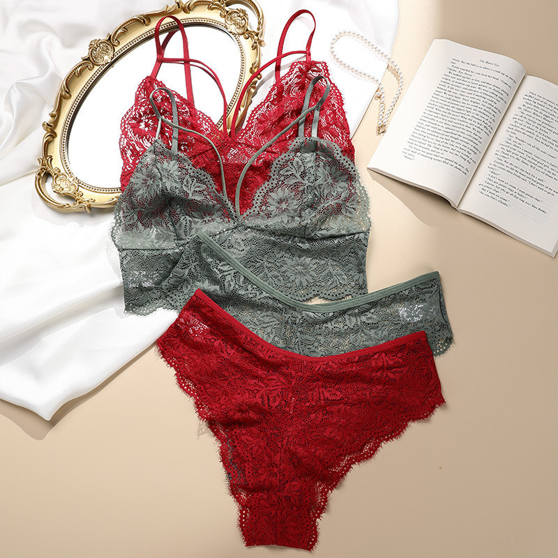 Adunați jante sexy din dantelă fără jante set de sutien cu spate frumos, sâni mari și set de lenjerie intimă pentru femei