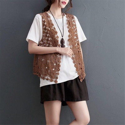Kórejský štýl, trendy nové topy, módne vesty, dámske letné pevné vintage duté klasické orezané pletené vesty, retro otvorený steh