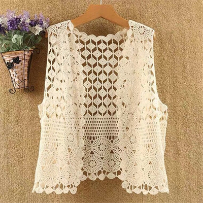 Kórejský štýl, trendy nové topy, módne vesty, dámske letné pevné vintage duté klasické orezané pletené vesty, retro otvorený steh