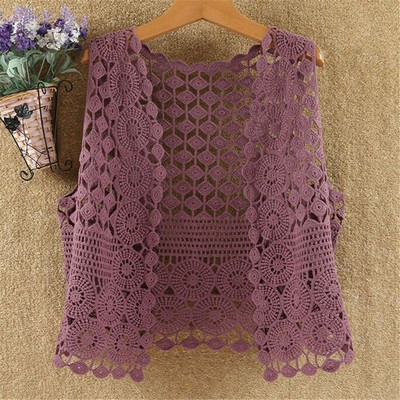 Kórejský štýl, trendy nové topy, módne vesty, dámske letné pevné vintage duté klasické orezané pletené vesty, retro otvorený steh