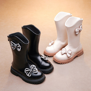 Φθινοπωρινές χειμερινές παιδικές ψηλές μπότες 2023 Νέες δερμάτινες μακριές μπότες για κορίτσια Pu Παιδικά φλατ Αντιολισθητικά μονό μποτάκια J99