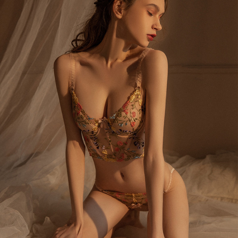 Lenjerie cu broderie din dantelă Set sutien și chiloți sexy din dantelă florală Lenjerie pentru femeie, cupă subțire din bumbac, costum de lenjerie push-up