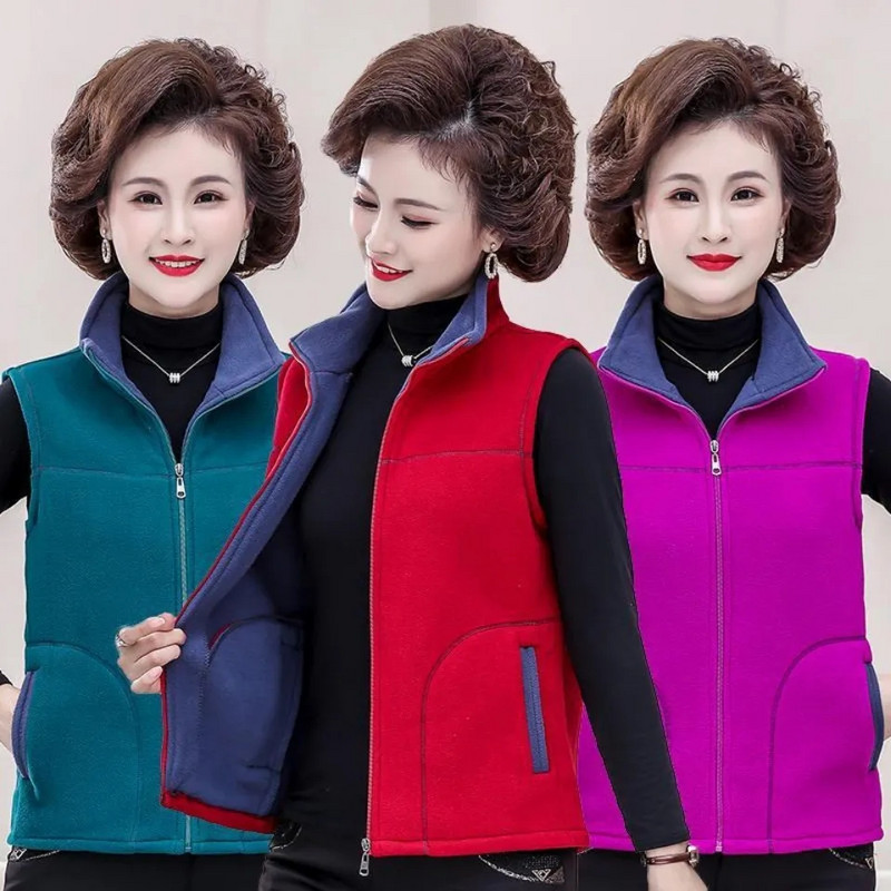 Dámska vesta stredného veku pre staršie ženy, nová jesenná flísová vesta so stojatým golierom a bez rukávov, dámska krátka bunda, dámske oblečenie, veľkosť 5XL