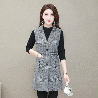 Proljeće Nova majčinska karirana vesta Sredovječne žene Dugi kaput Ženska vesta bez rukava Jakna Prsluk Ženska gornja odjeća Chaleco Mujer