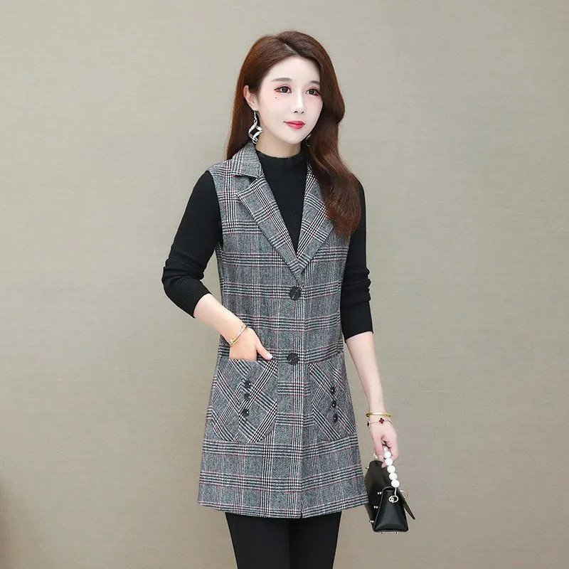 Proljeće Nova majčinska karirana vesta Sredovječne žene Dugi kaput Ženska vesta bez rukava Jakna Prsluk Ženska gornja odjeća Chaleco Mujer
