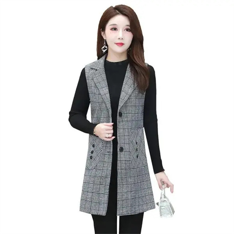 Proljeće Nova majčinska karirana vesta Sredovječne žene Dugi kaput Ženska vesta bez rukava Jakna Prsluk Ženska gornja odjeća Chaleco Mujer