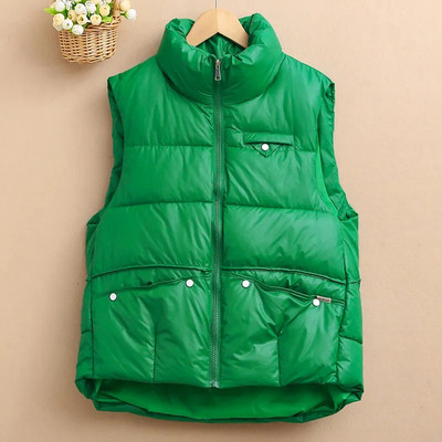 Nouă toamnă iarnă lucioasă din bumbac jachetă femei vestă coreeană largi guler stand jachetă fără mâneci pardesie femei vestă de sus