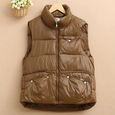 Nouă toamnă iarnă lucioasă din bumbac jachetă femei vestă coreeană largi guler stand jachetă fără mâneci pardesie femei vestă de sus