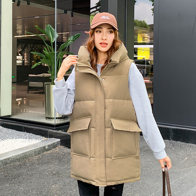 Jesen Zima Ženski prsluk Srednje duga pamučna jakna Široka krušna jakna Pamučni prsluk bez rukava s džepovima Ženski kaput