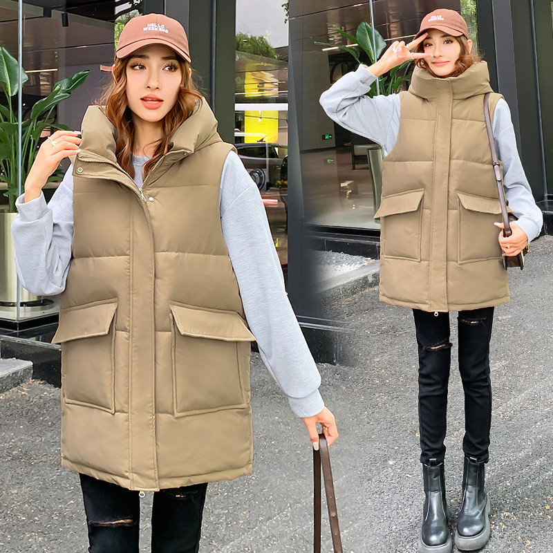 Jesen Zima Ženski prsluk Srednje duga pamučna jakna Široka krušna jakna Pamučni prsluk bez rukava s džepovima Ženski kaput