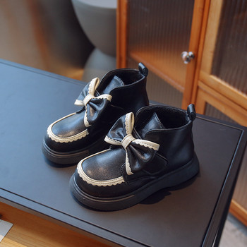 Зимни нови къси ботуши за момичета Детски кожени обувки с лък Студентски обувки с равни обувки Водоустойчиви външни памучни обувки H523
