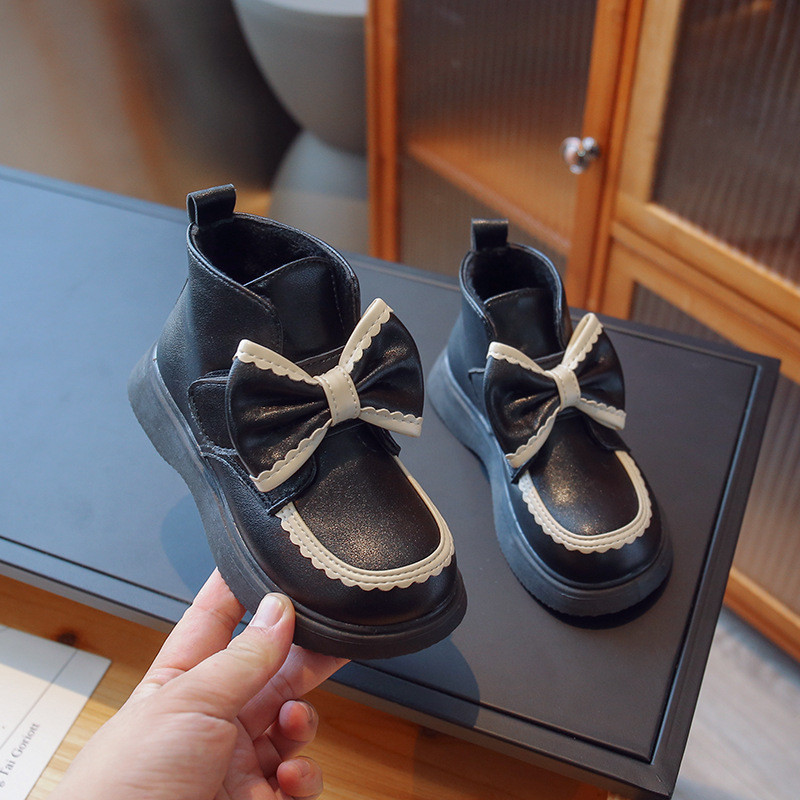 Χειμερινές νέες κοντές μπότες για κορίτσια Παιδικά παπούτσια με φιόγκο Δερμάτινα παπούτσια Φοιτητικά επίπεδα παπούτσια Αδιάβροχα βαμβακερά παπούτσια εξωτερικού χώρου H523