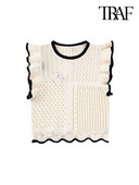 TRAF Moda femei Pointelle cu volanat tricot vestă crop pulover vintage cu decolteu O vestă de femeie fără mâneci Topuri șic