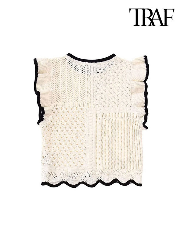 TRAF Ženski modni pleteni kratki prsluk s volanima na vrhove Vintage O izrez Ženski prsluk bez rukava Chic Topovi