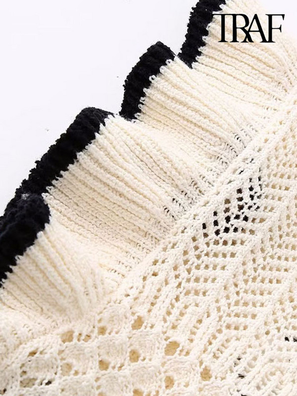 TRAF Ženski modni pleteni kratki prsluk s volanima na vrhove Vintage O izrez Ženski prsluk bez rukava Chic Topovi