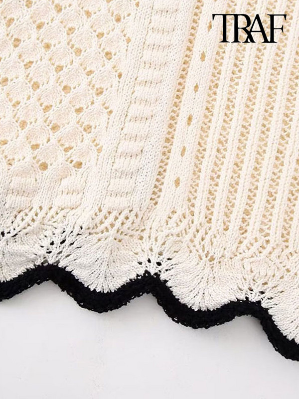 TRAF Ženski modni pleteni kratki prsluk s volanima na vrhove Vintage O izrez Ženski prsluk bez rukava Chic Topovi