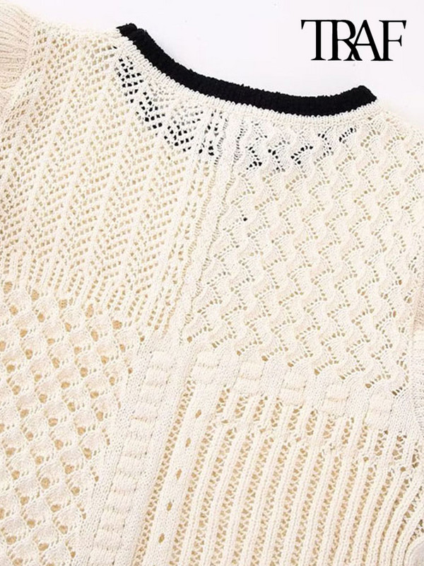 TRAF Ženski modni pleteni kratki prsluk s volanima na vrhove Vintage O izrez Ženski prsluk bez rukava Chic Topovi