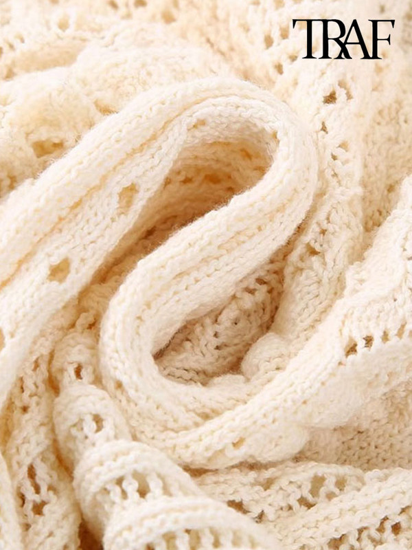 TRAF Ženski modni pleteni kratki prsluk s volanima na vrhove Vintage O izrez Ženski prsluk bez rukava Chic Topovi