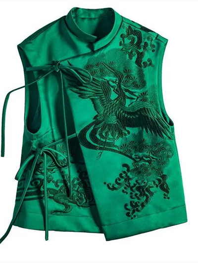 Nova gornja odjeća, retro teška bijela roda, vez, zelena čipkana kineska jakna s prslukom, ženski prsluk u kineskom stilu za proljeće i ljeto 2023.