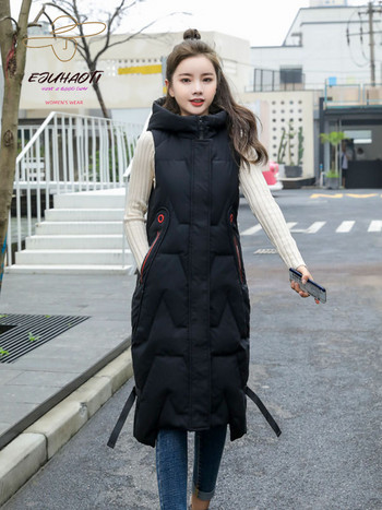 Μακριά βαμβακερά μπουφάν σε στυλ πάνω από το γόνατο Γυναικείο γιλέκο Κορεατικής μόδας με κουκούλα Casual Solid Γιλέκο Γυναικείο αμάνικο μπουφάν