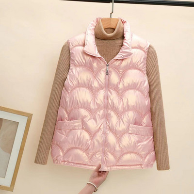 Lesklá bavlnená vesta pre ženy, nová jeseň/zima 2023, kórejský štýl, stojatý golier, bez rukávov, prešívaný kabát bez čistého strihu